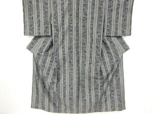 アンティーク　縞に花模様織り出し手織り紬着物